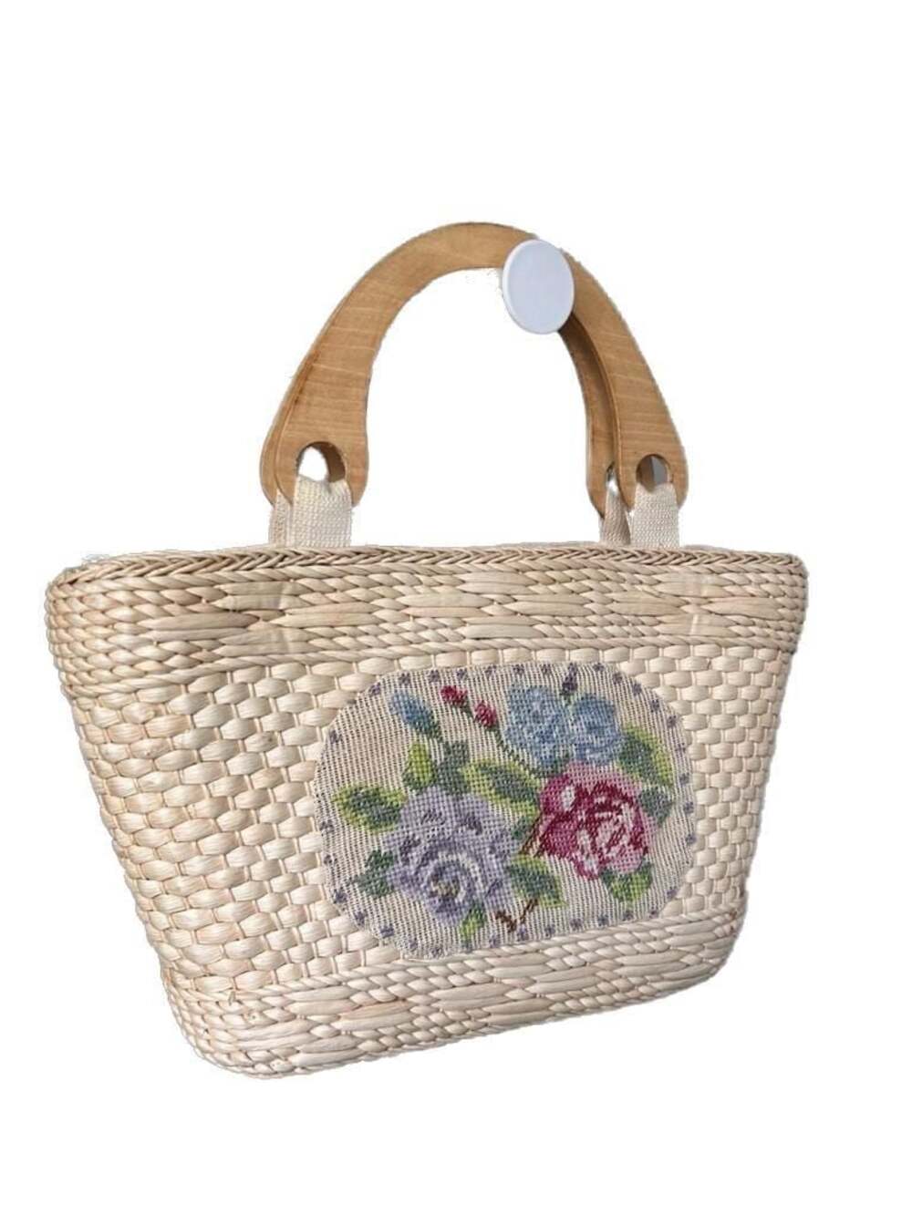 Vintage Needlepoint Floral Embroidered Woven Raffia Straw Handbag with Wood Hand